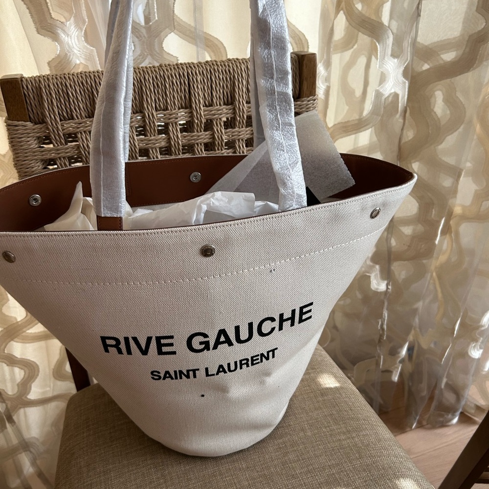 Saint Laurent Cream Canvas Rive Gauche Tote with Black Logo - Picture 2 of 7
